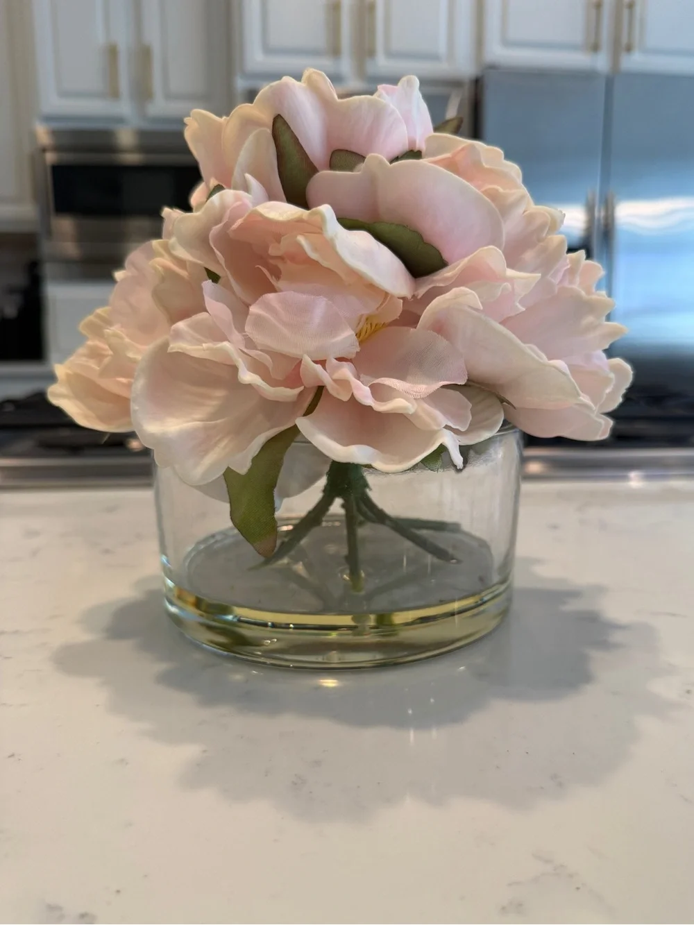 Faux Blush Pink Peony Floral Arrangement in Glass Vase Faux Water Cottage Decor
